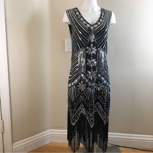 Sequin Beaded Dress XXL Black with Silver sequins & beads Fringe sleeveless